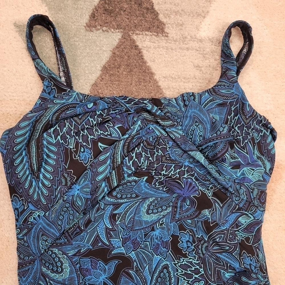 Lands End Womens Blue Paisley Slender Tummy Control One Piece Swim Suit 14 - Picture 2 of 9